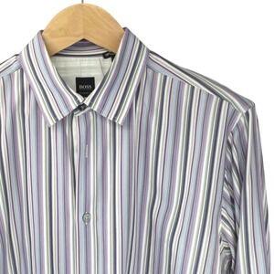 HUGO BOSS Regular Fit Mens Purple White Stripe Shirt Regular Fit Size XL Trim